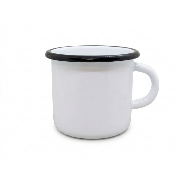 Bílý plechový hrnek 400 ml ČERNÝ ŠIROKÝ LEM
