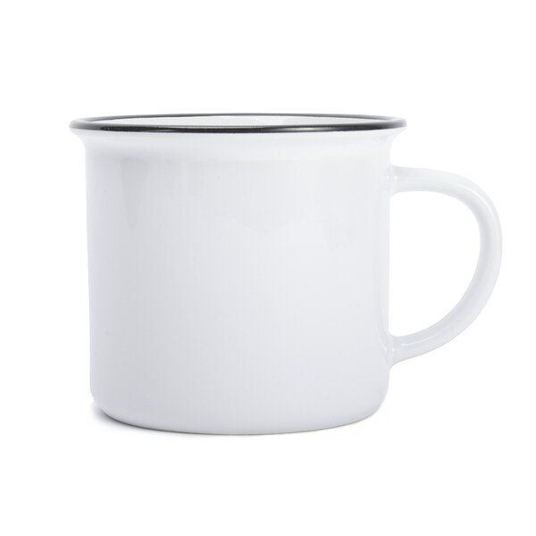Keramický bílý hrnek imitující plecháček 300 ml (černý lem)